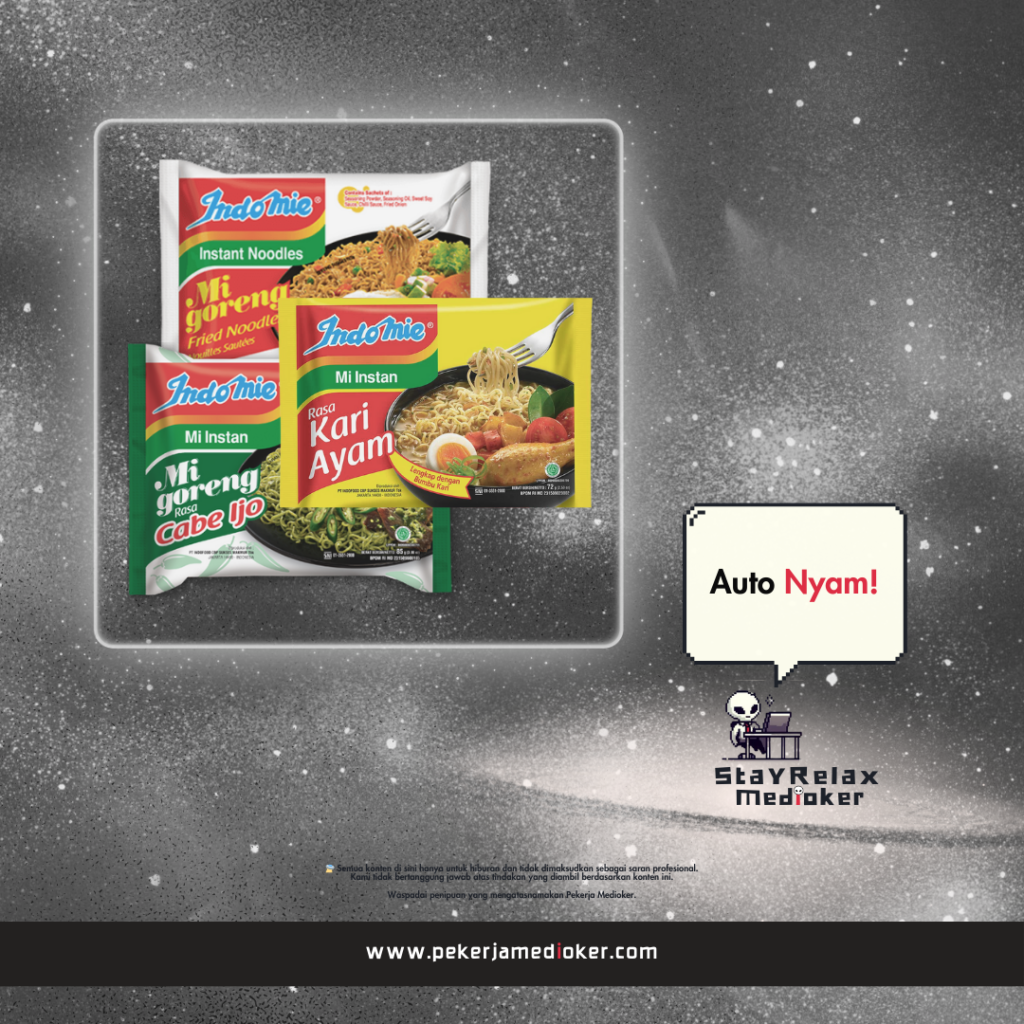 Indomie packaging with Auto Nyam slogan on space-themed background promoting quick and delicious meals.