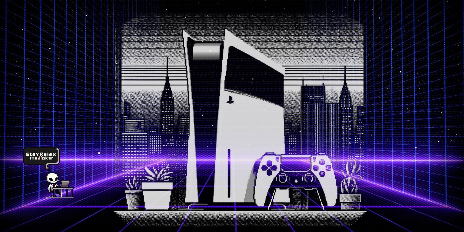 Alien pekerja kantoran sedang duduk di kubikel, main game receh di HP sambil ketawa sendiri, menggambarkan cara sederhana kabur dari burnout tanpa resign.