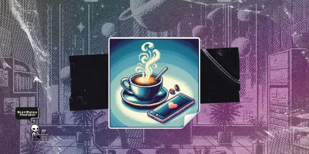 pekerja medioker rebahan dengan kopi sachet dan smartphone